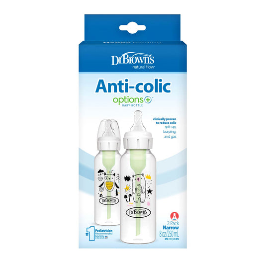 Dr. Brown’s Natural Flow Anti-Colic Options+ Narrow Baby Bottle, with Level 1 Slow Flow Nipple, 2-Pack
