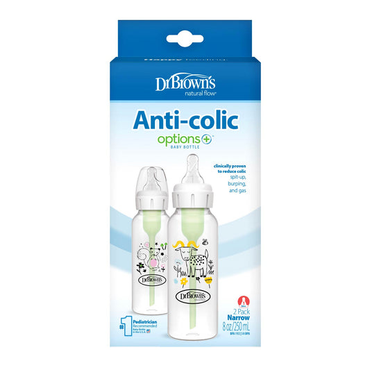 Dr. Brown’s Natural Flow Anti-Colic Options+ Narrow Baby Bottle, with Level 1 Slow Flow Nipple, 2-Pack