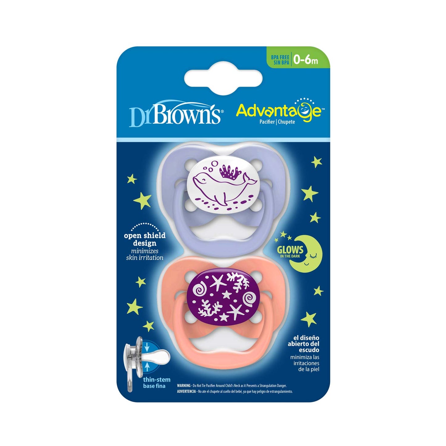 Dr. Brown's™ Advantage™ Glow-in-the-Dark Pacifiers, Ages 0-6 months, 2 Count