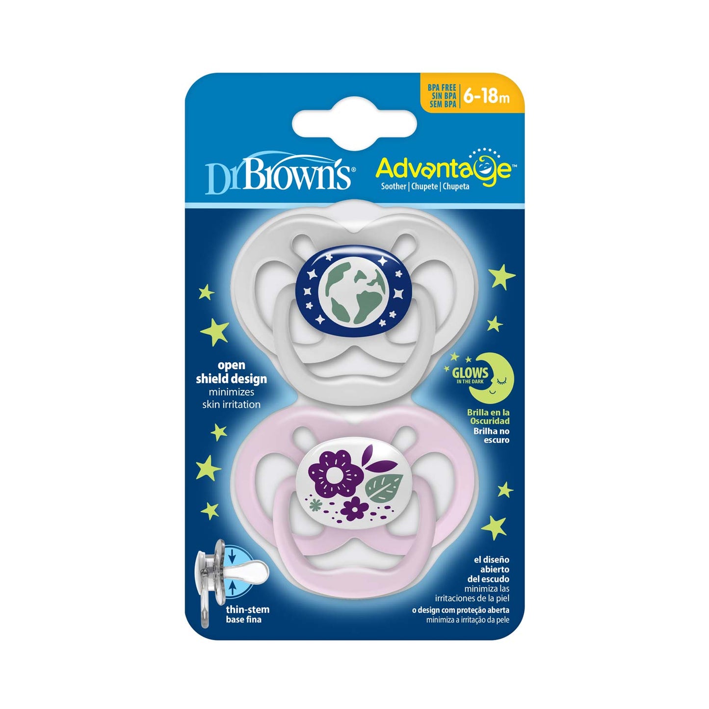 Dr. Brown's™ Advantage™ Glow-in-the-Dark Pacifiers, Ages 6-18 months, 2 Count