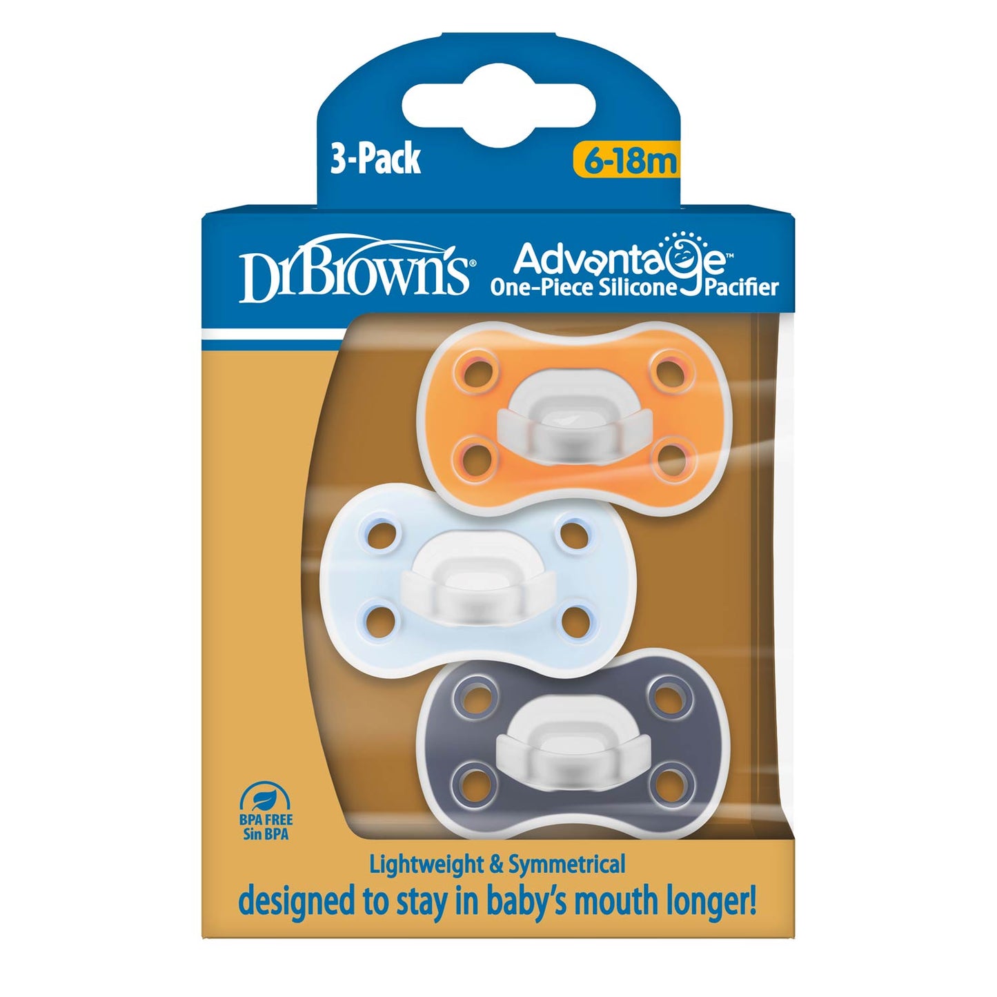 Dr. Brown's® Advantage™ One-Piece Silicone Pacifier, Ages 6-18 months – 3-Pack