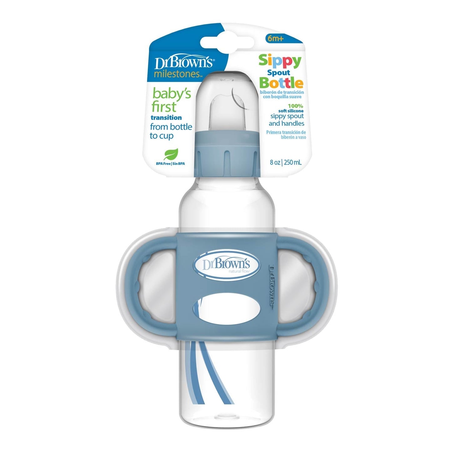 Dr. Brown's Milestones Narrow Sippy Spout Bottle with Silicone Handles, 8 oz/250 mL