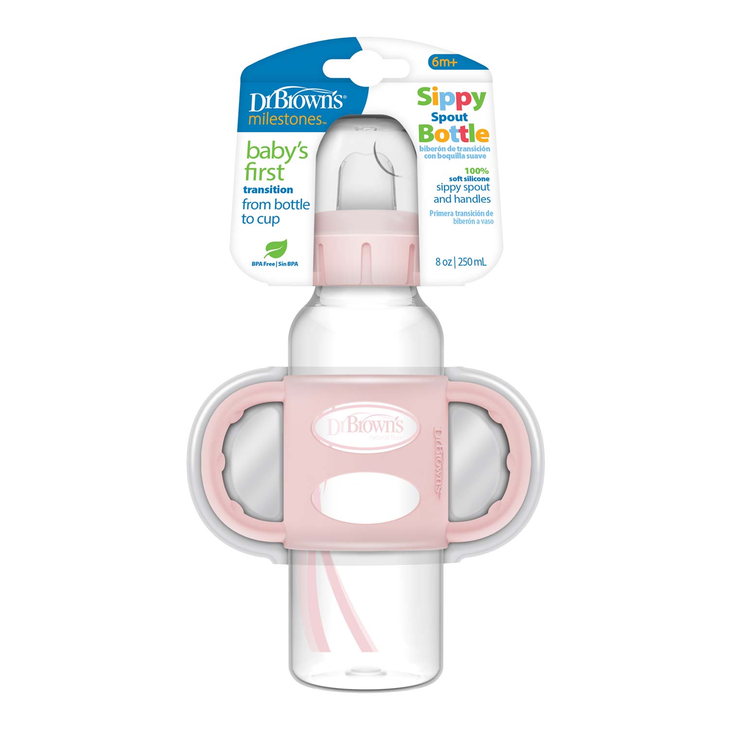 Dr. Brown's Milestones Narrow Sippy Spout Bottle with Silicone Handles, 8 oz/250 mL