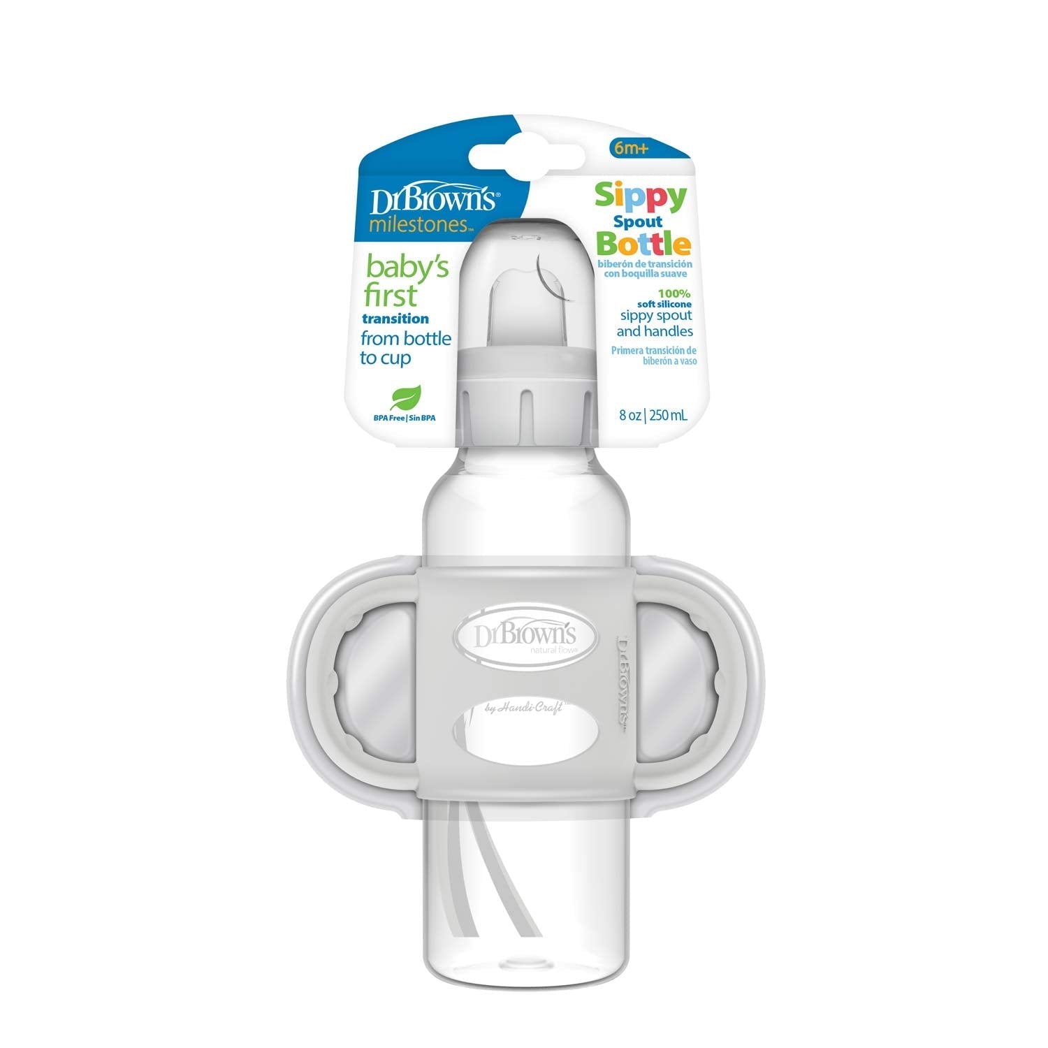 Dr. Brown's Milestones Narrow Sippy Spout Bottle with Silicone Handles, 8 oz/250 mL