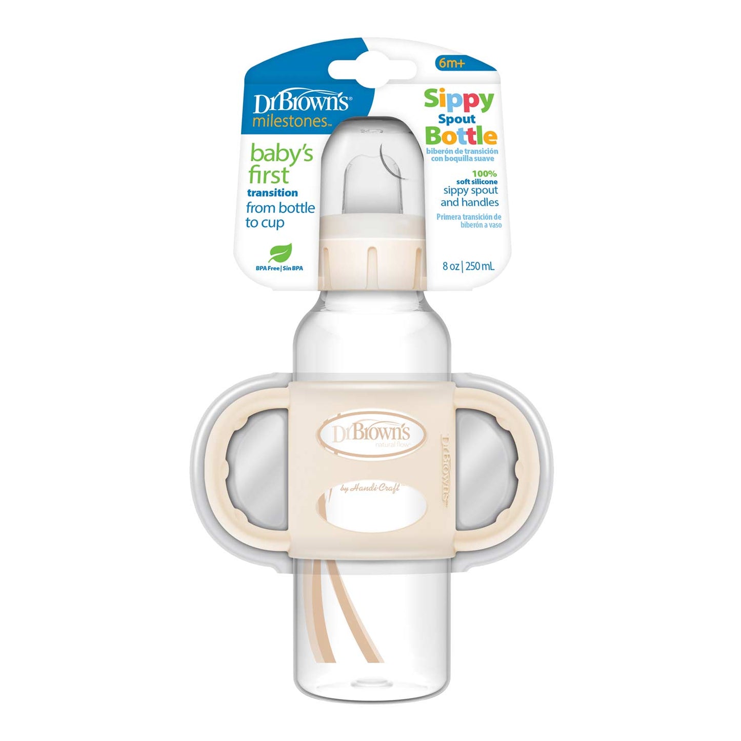 Dr. Brown's Milestones Narrow Sippy Spout Bottle with Silicone Handles, 8 oz/250 mL