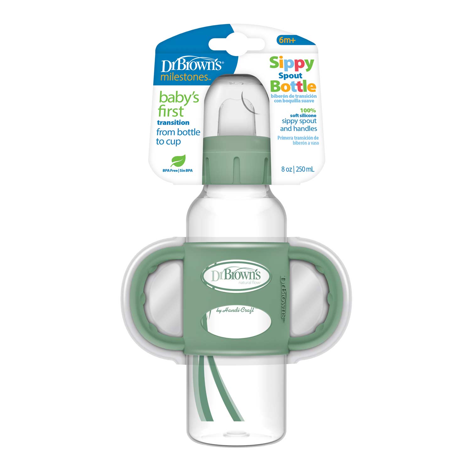 Dr. Brown's Milestones Narrow Sippy Spout Bottle with Silicone Handles, 8 oz/250 mL