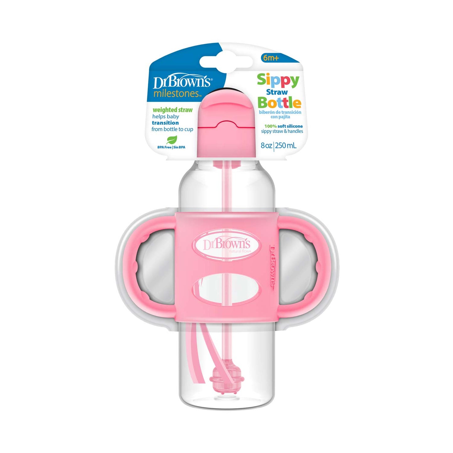 Dr. Brown's Milestones Narrow Sippy Straw Bottle with Silicone Handles, 8 oz/250 mL
