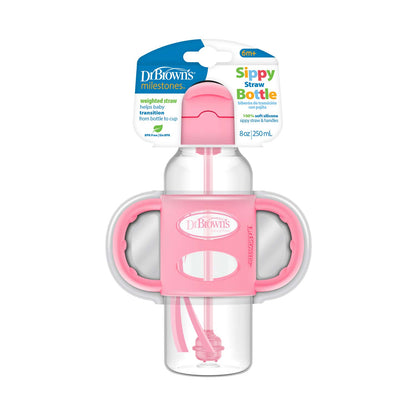 Dr. Brown's Milestones Narrow Sippy Straw Bottle with Silicone Handles, 8 oz/250 mL