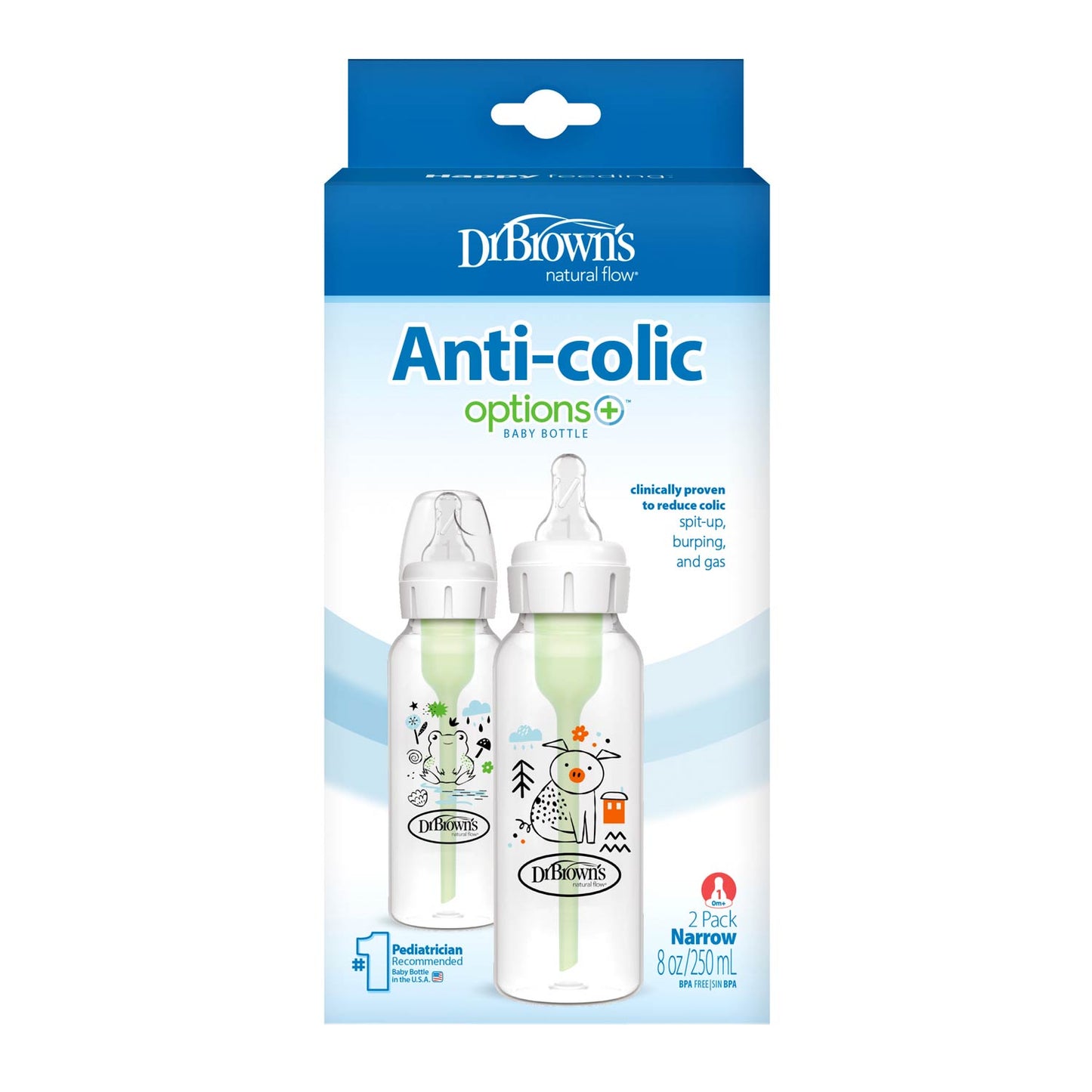 Dr. Brown’s Natural Flow Anti-Colic Options+ Narrow Baby Bottle, with Level 1 Slow Flow Nipple, 2-Pack