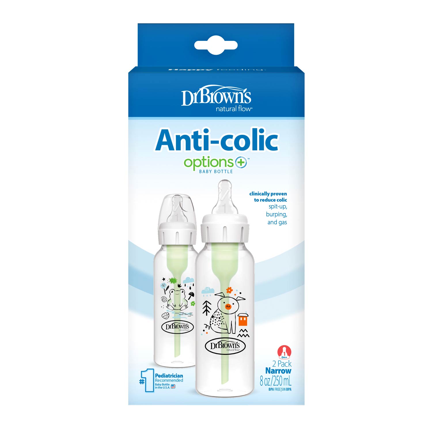 Dr. Brown’s Natural Flow Anti-Colic Options+ Narrow Baby Bottle, with Level 1 Slow Flow Nipple, 2-Pack