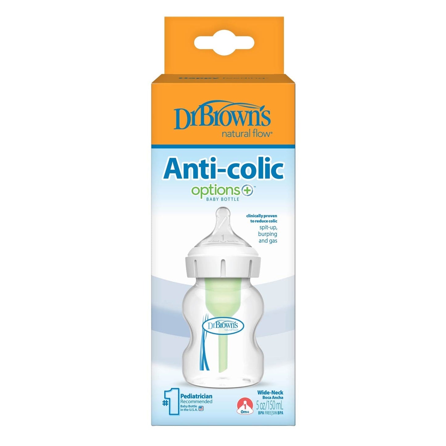 Dr. Brown's Natural Flow Anti-Colic Options+ Wide-Neck Baby Bottle, with Level 1 Slow Flow Nipple