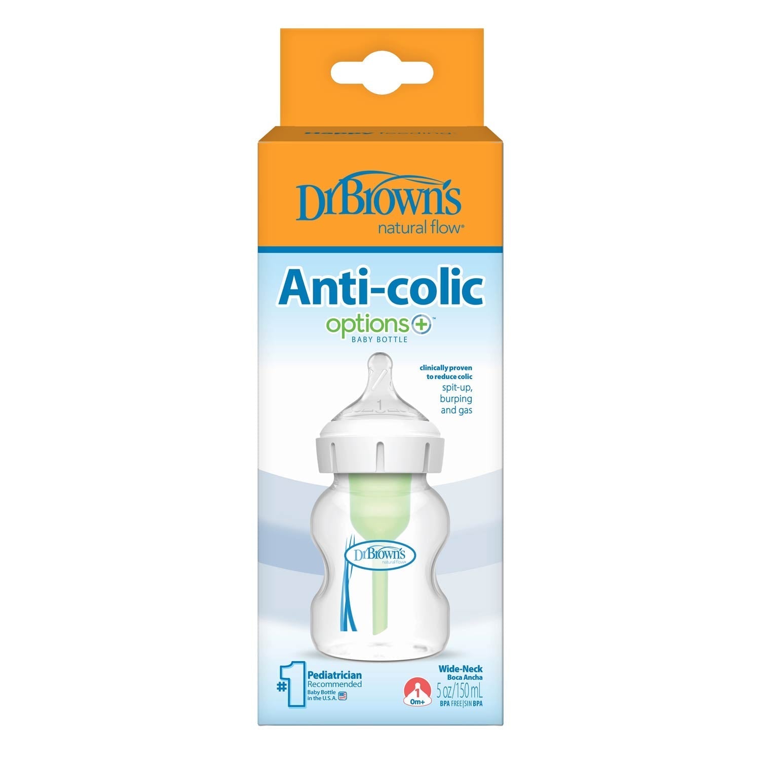Dr. Brown's Natural Flow Anti-Colic Options+ Wide-Neck Baby Bottle, with Level 1 Slow Flow Nipple