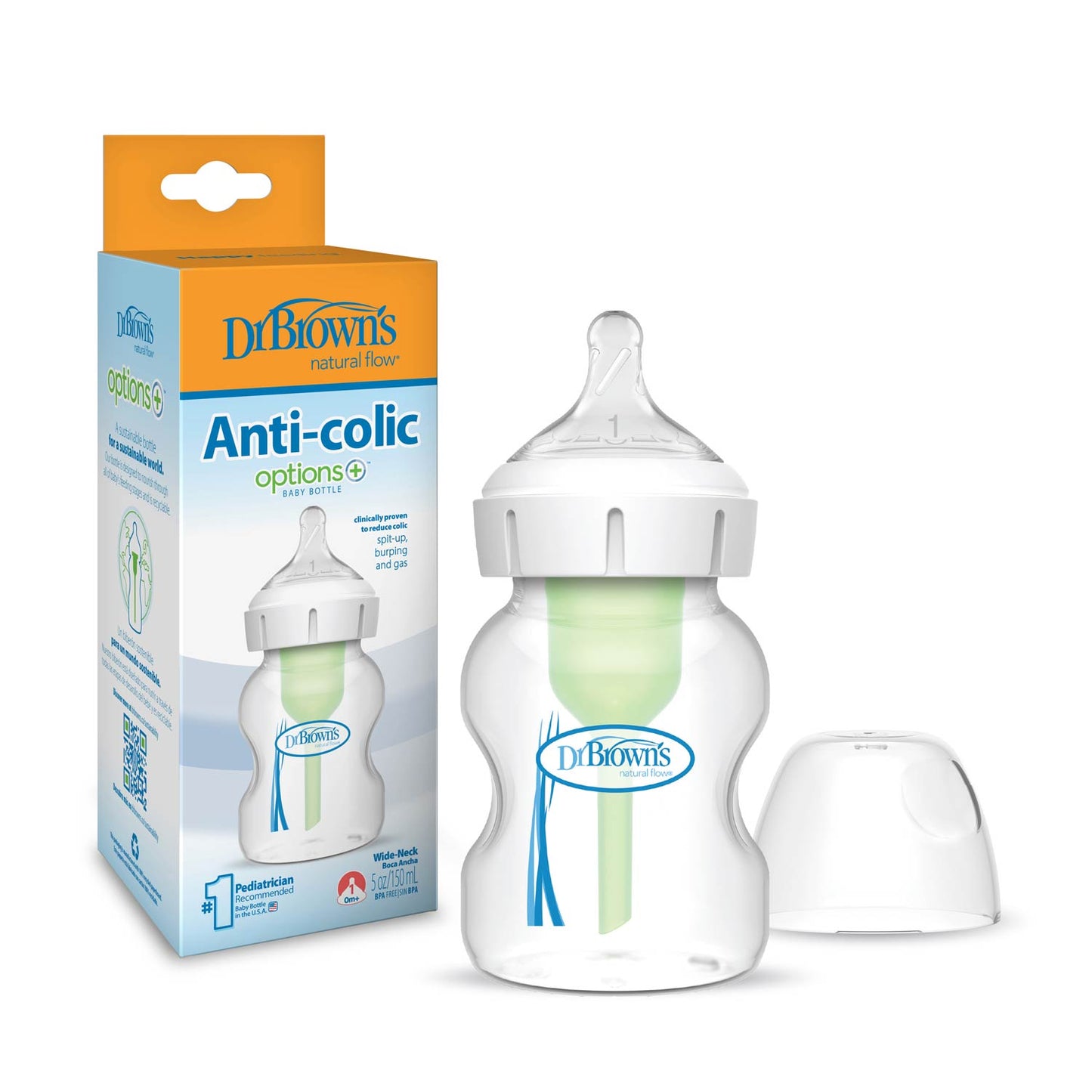 Dr. Brown's Natural Flow Anti-Colic Options+ Wide-Neck Baby Bottle, with Level 1 Slow Flow Nipple
