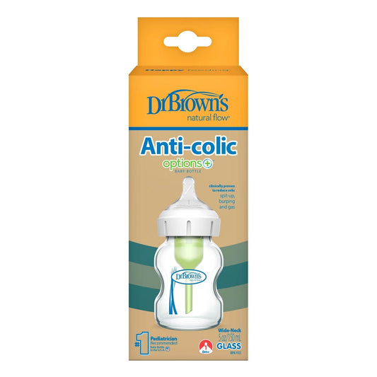 Dr. Brown's Natural Flow Anti-Colic Options+ Wide-Neck Glass Baby Bottle, with Level 1 Slow Flow Nipple
