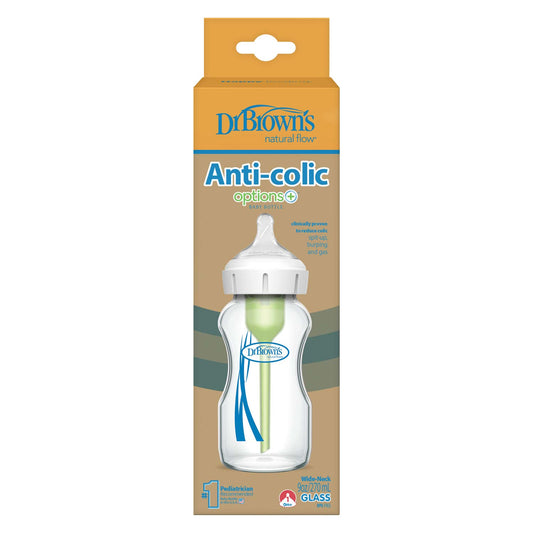 Dr. Brown's Natural Flow Anti-Colic Options+ Wide-Neck Glass Baby Bottle, with Level 1 Slow Flow Nipple