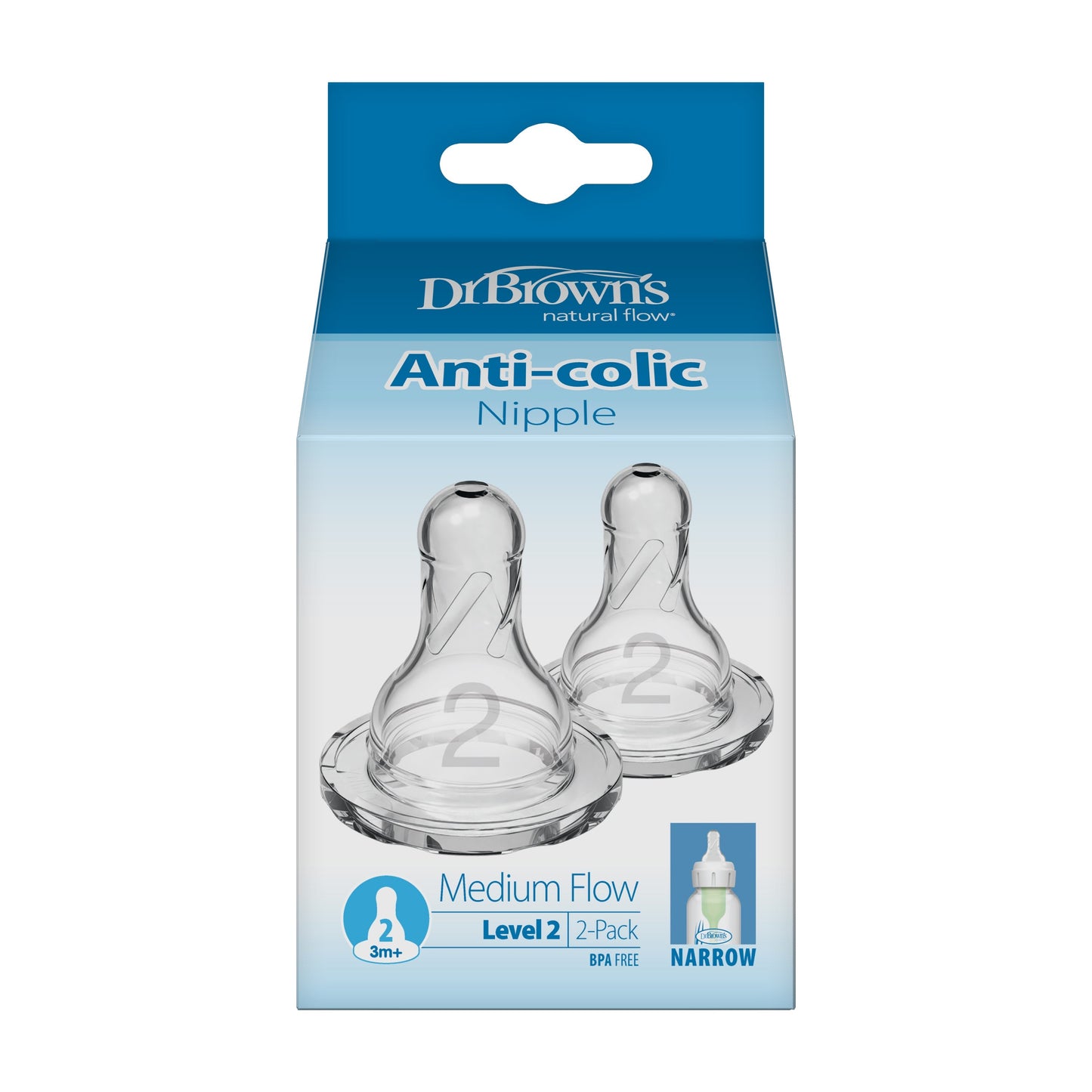 Dr. Brown's Natural Flow Narrow Baby Bottle Silicone Nipple, Level 2, 2-Pack