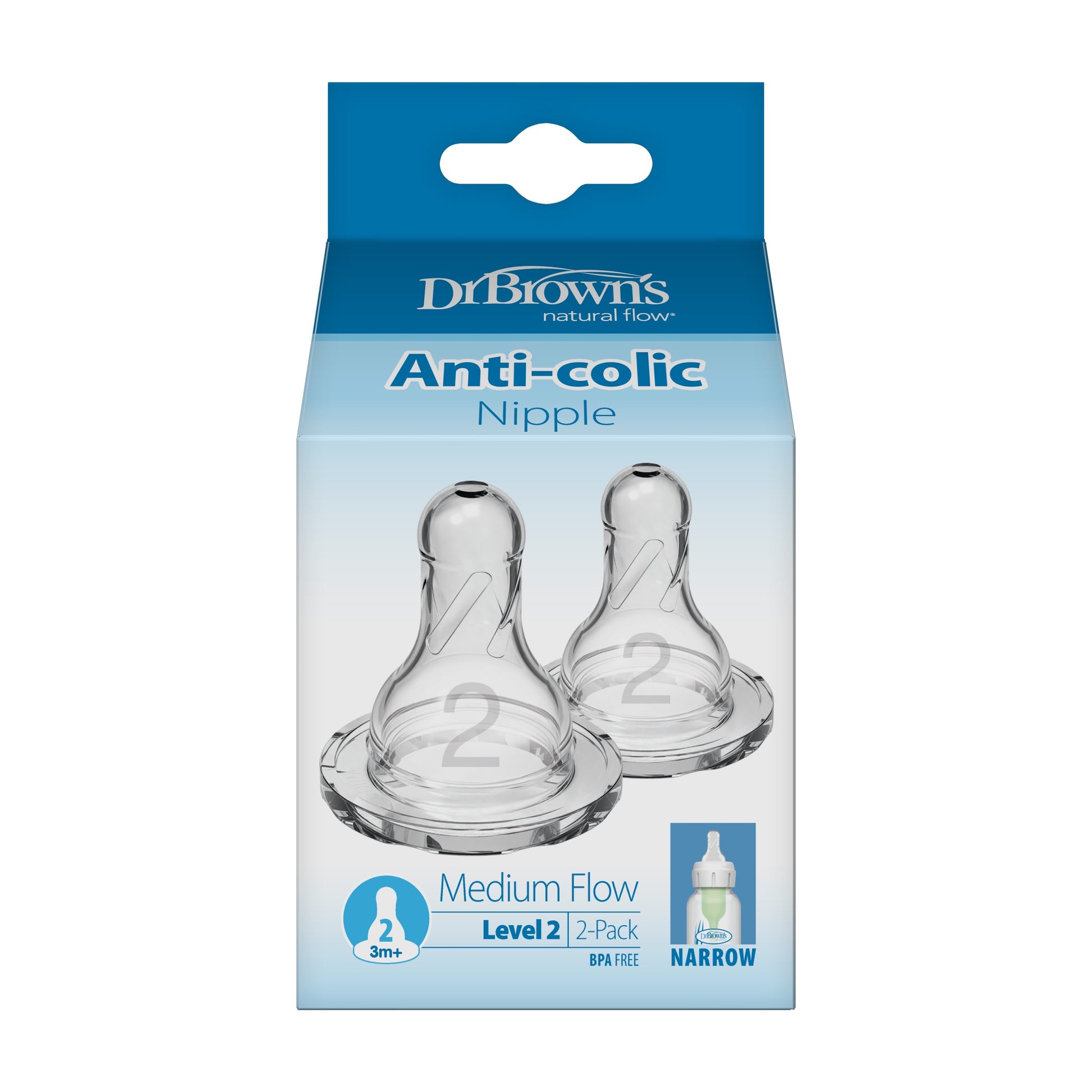 Dr. Brown's Natural Flow Narrow Baby Bottle Silicone Nipple, Level 2, 2-Pack