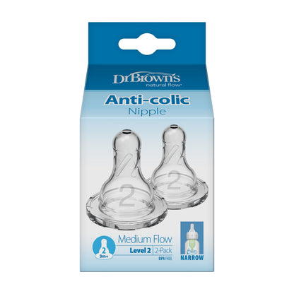 Dr. Brown's Natural Flow Narrow Baby Bottle Silicone Nipple, Level 2, 2-Pack